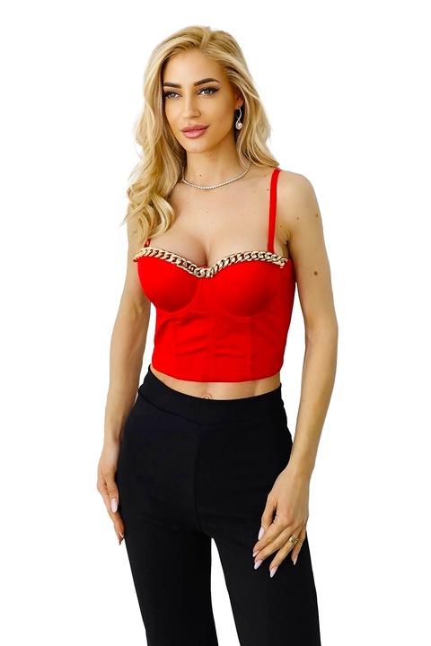 BBY szatén fűző, díszlánccal, fém bálnákkal és push-up effektussal, Piros