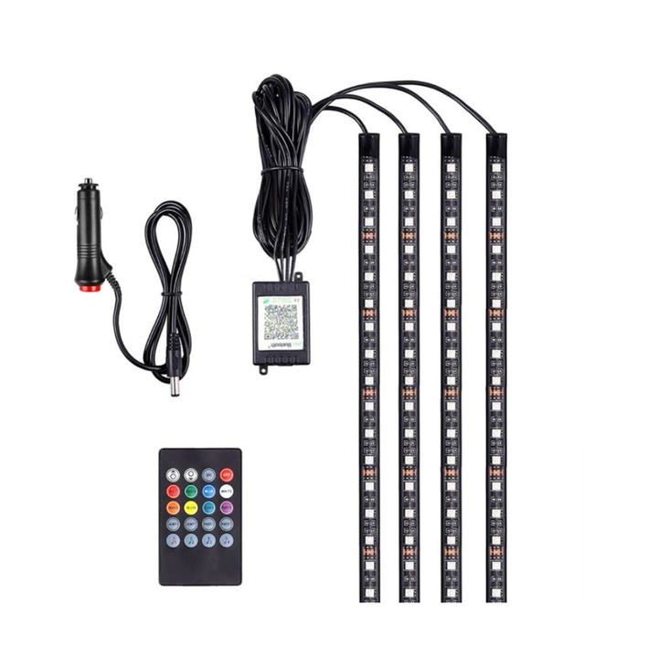 Kit iluminare ambientala auto banda LED RGB, interior masina, multicolor, 12V, cu telecomanda
