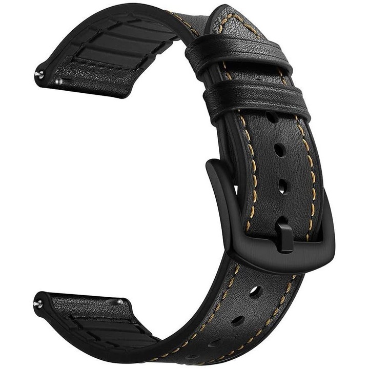 Curea din piele pentru Huawei Watch GT 2 46mm / GT 3 46mm / Huawei Watch GT 2 Pro / Amazfit GTR / GTR 2 / GTR 47 mm, Samsung Galaxy Watch 3 45 mm / 46 mm / Gear S3 piele naturala, silicon, 22 mm, negru
