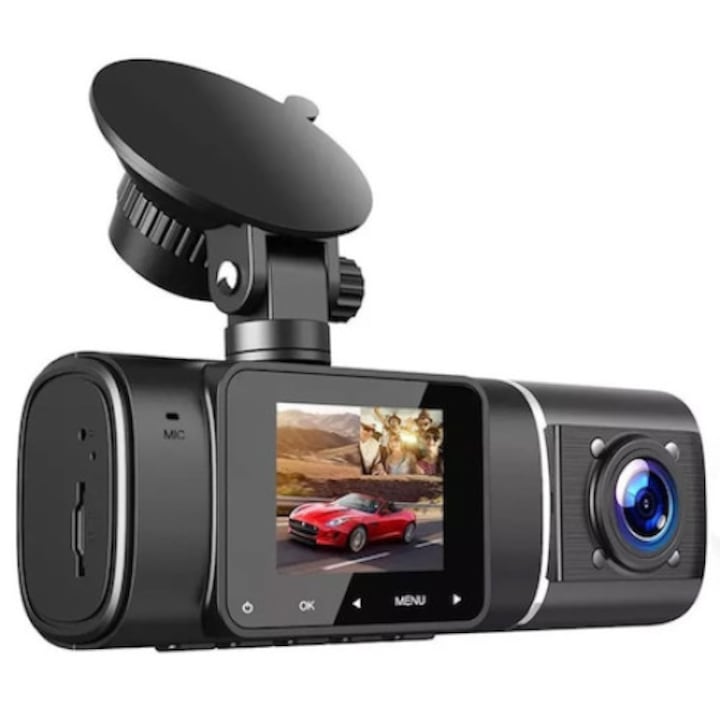 DVR камера за кола Roffie, двойна, LCD екран, 1,5 инча, Full HD, черна