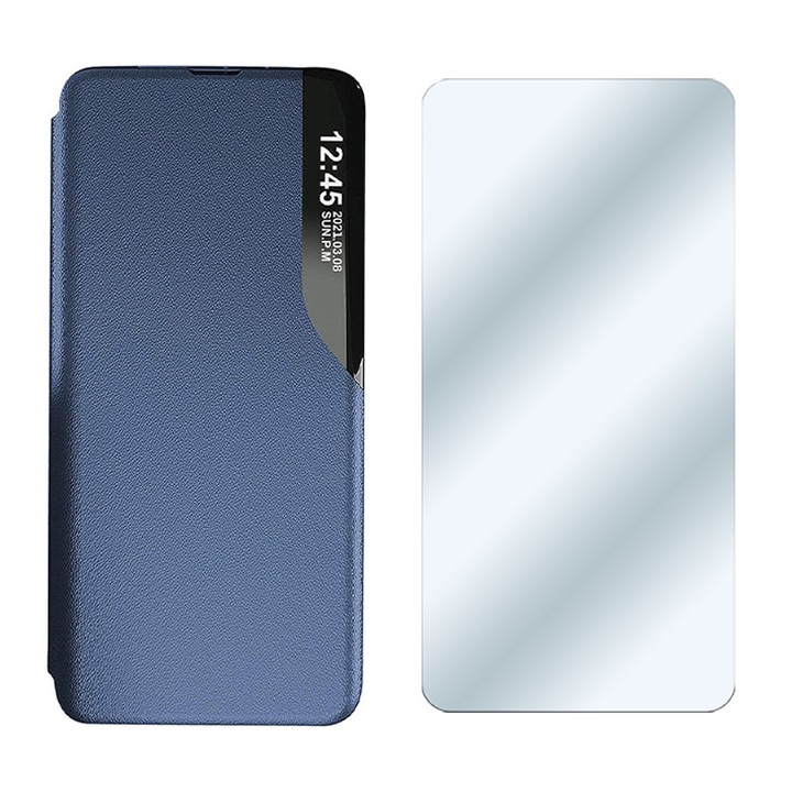 Set format din Folie de protectie din sticla si Husa Flip din Piele pentru Motorola Moto Edge 30 Neo, Carte Smart Magnetic, Unique S-View, Smart Stand, Albastru Inchis
