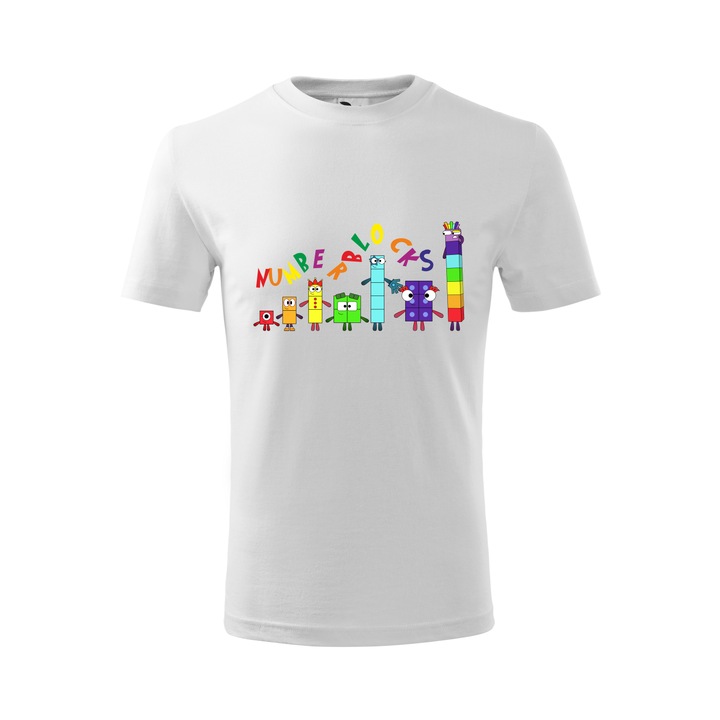 Tricou personalizat, model clasic, "Numberblocks 6", Alb, Alb