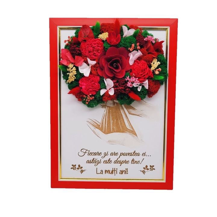Tablou "La multi ani" - buchet nemuritor cu licheni si flori uscate, 33x24 cm, Lemn gravat, Model 2