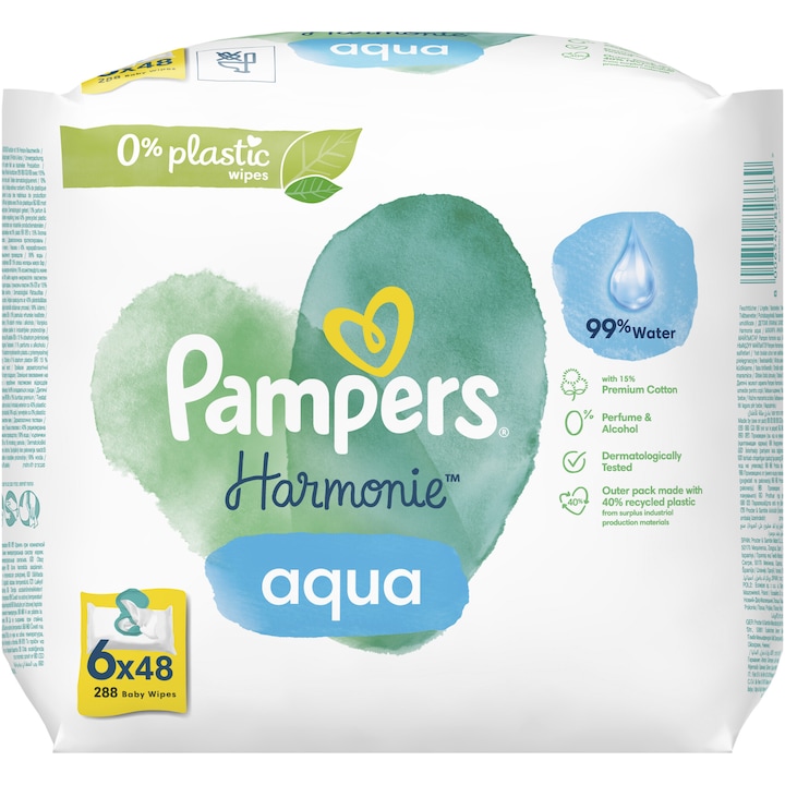 Мокри кърпички Pampers Harmonie Aqua, 0% пластмаса, 6 опаковки x 48, 288 броя