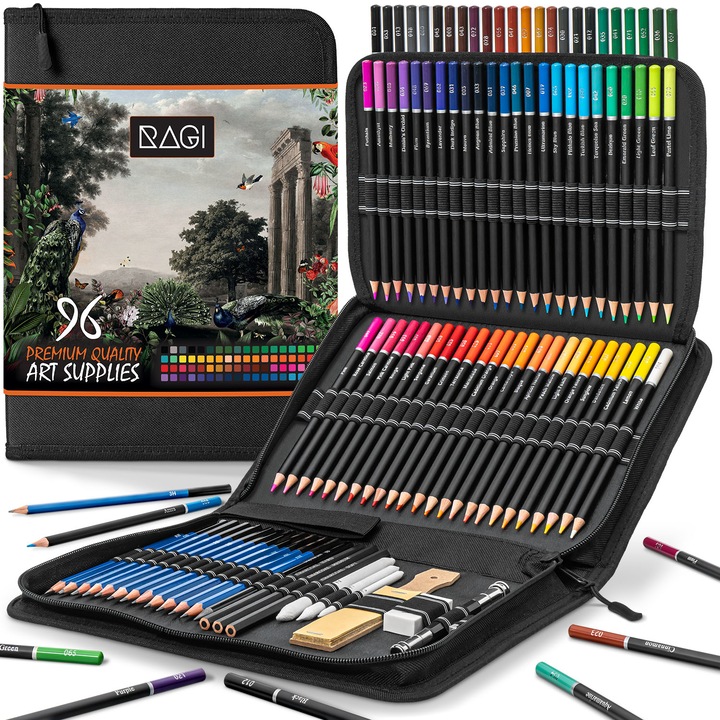 Set profesional de creioane colorate cu accesorii pentru desen si schite, RAGI, 96 de piese