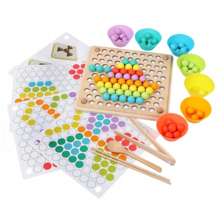 Joc cu bile tip Montessori, Lemn, Multicolor