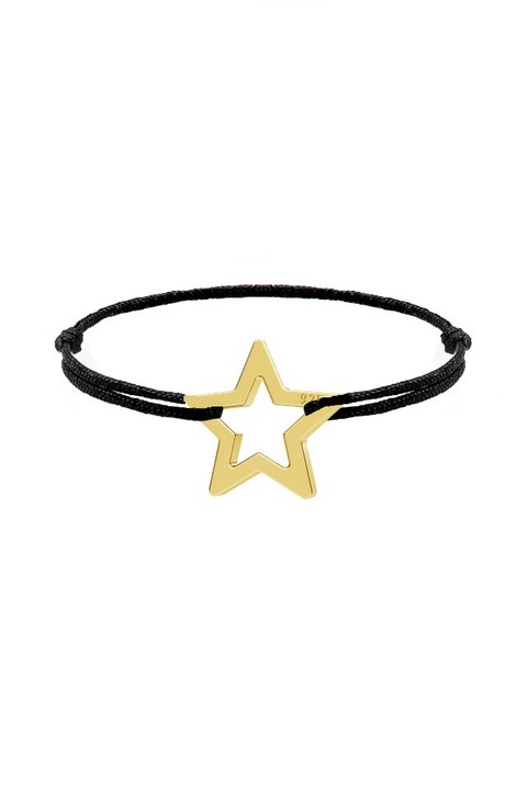 Inel cu snur negru si pandantiv din Argint 925 placat cu aur de 24k in forma de stea decupata, masura ajustabila, aniversare, sarbatori, martisor