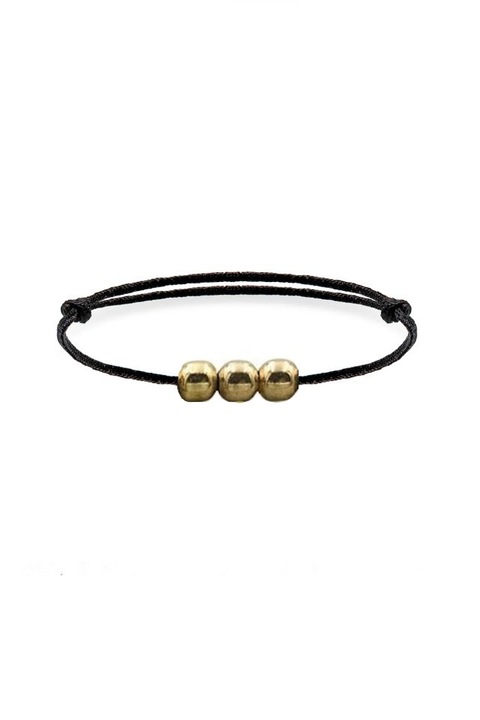 Inel cu snur negru si 3 pandantive din Argint 925 placate cu aur de 24k in forma de bila, masura ajustabila, aniversare, sarbatori, martisor