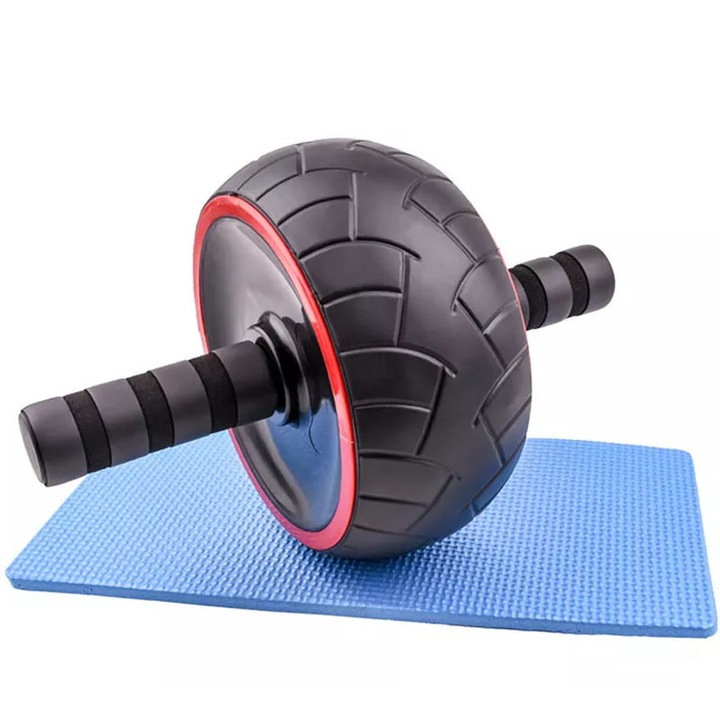 Roata fitness pentru abdomene cu exercitii diversificate, AB Roller, AB Wheel, 17x17x14cm, negru rosu, Saltea genunchi inclusa