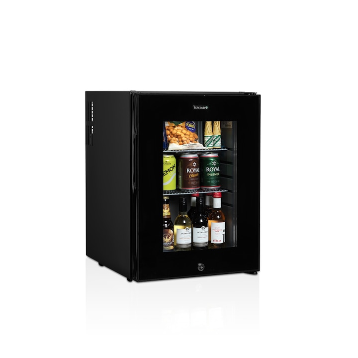 Frigider minibar TEFCOLD, H 56 cm, volum 35 litri, ideal pentru HoReCa/birou/rulota, iluminare interioara LED, usa din sticla securizata, 2 rafturi ajustabile, incuietoare, usa reversibila, negru