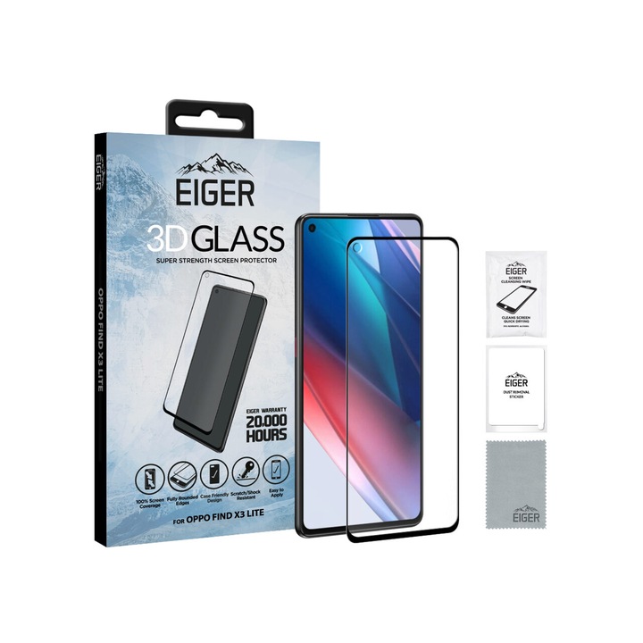 Folie Eiger Glass 3D Case Friendly, съвместим с Oppo Find X3 Lite, Clear Black
