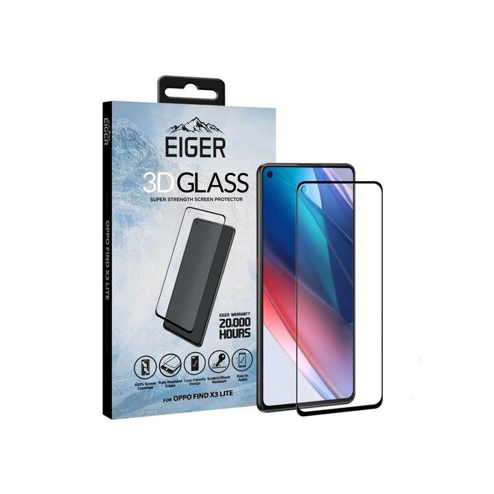 Folie Eiger Glass 3D Case Friendly, съвместим с Oppo Find X3 Lite, Clear Black