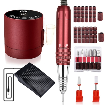 Freza Unghii Profesionala, CIICII, C1549, Manichiura, Pedichiura, Din metal, 35.000 RPM, 8 capete pentru pila, 56 benzi de slefuire, Display LED, Rosu
