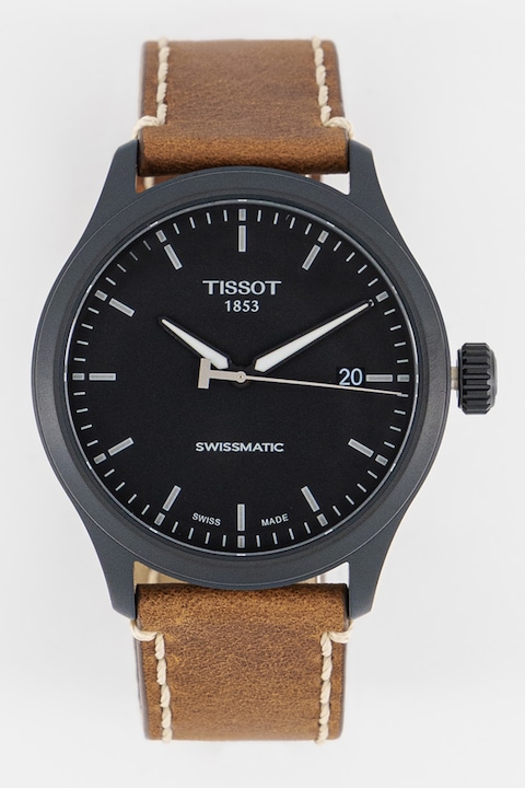 Tissot, Автоматичен часовник с кожена каишка, Кафяв, Черен