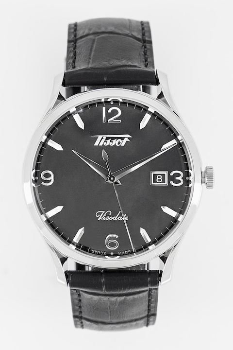 Tissot, Кварцов часовник с кожена каишка и лого, Сребрист, Черен