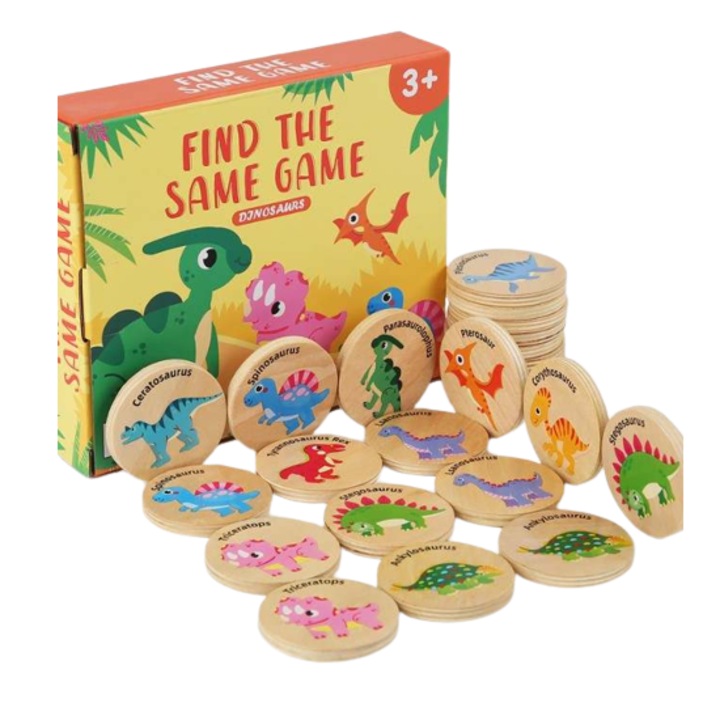 Образователна игра, Намери дубликата, Динозаври, дърво, многоцветни, 24 бр