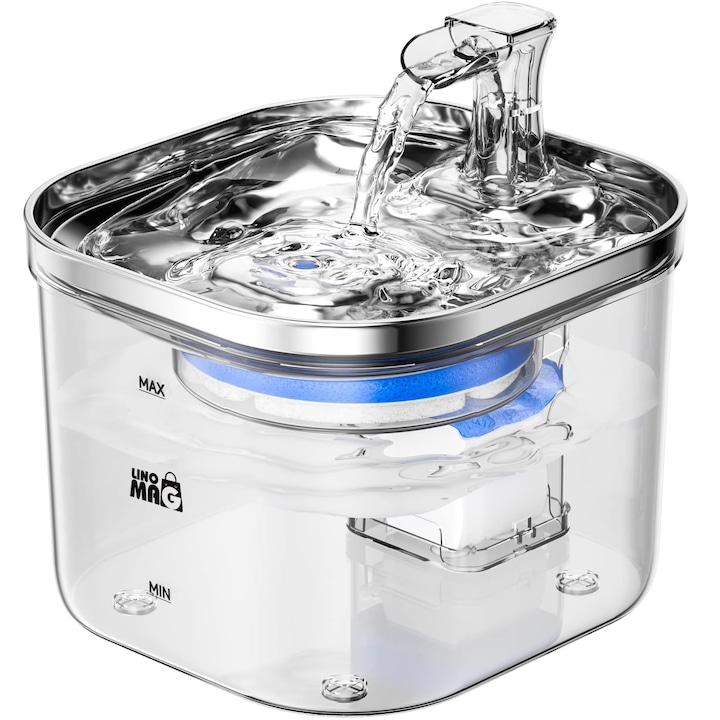 Автоматичен диспенсър за вода тип фонтан, Linomag®, Кучета/Котки, 2л вместимост, 3-слоен филтър, Прозрачен