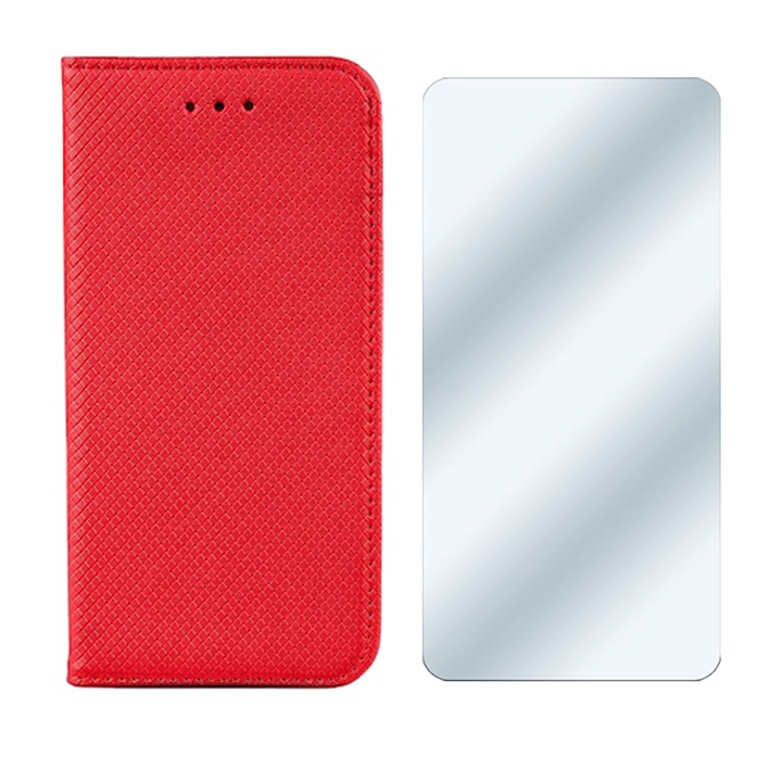 Комплект, състоящ се от защитно стъклено фолио и калъф за Samsung A14 5G от кожа Optim Protect, магнитно закопчаване, Smart Soft Close, червен