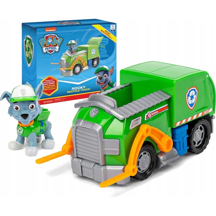 Masinuta Paw Patrol - Rocky, Spin Master, Cu figurina, 3 ani+, 16 x 8 x 8 cm, Multicolor