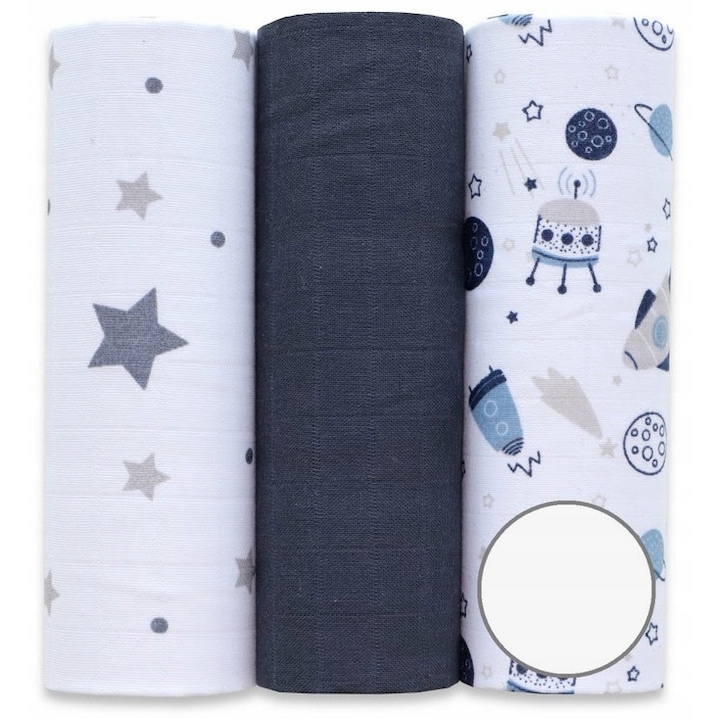Set 3 buc scutece Ega Kids, 60x80cm, Imprimeu cosmos, Bumbac, Multicolor