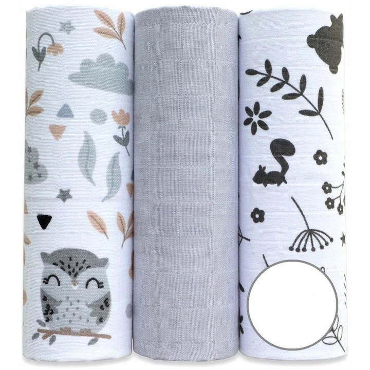 Set 3 buc scutece Ega Kids, 60x80cm, Imprimeu animale, Bumbac, Multicolor