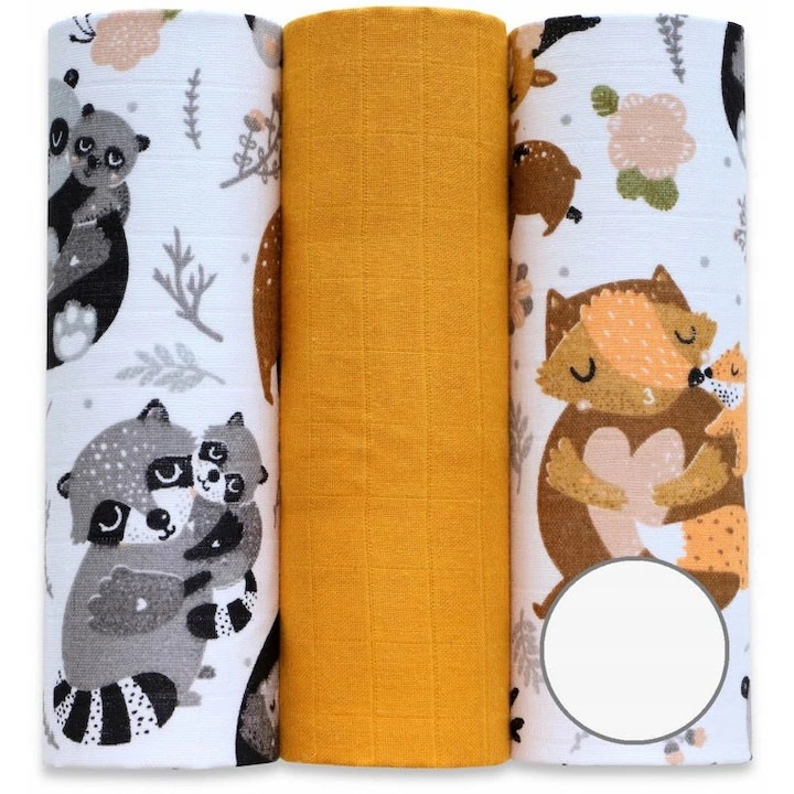 Set 3 buc scutece de muselina Ega Kids, Imprimeu animale, 60x80cm, Bumbac, Multicolor