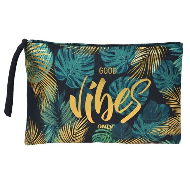 Portfard de vara pentru fete, din bumbac-poliester, 32x22cm, design Good Vibes, auriu-verde