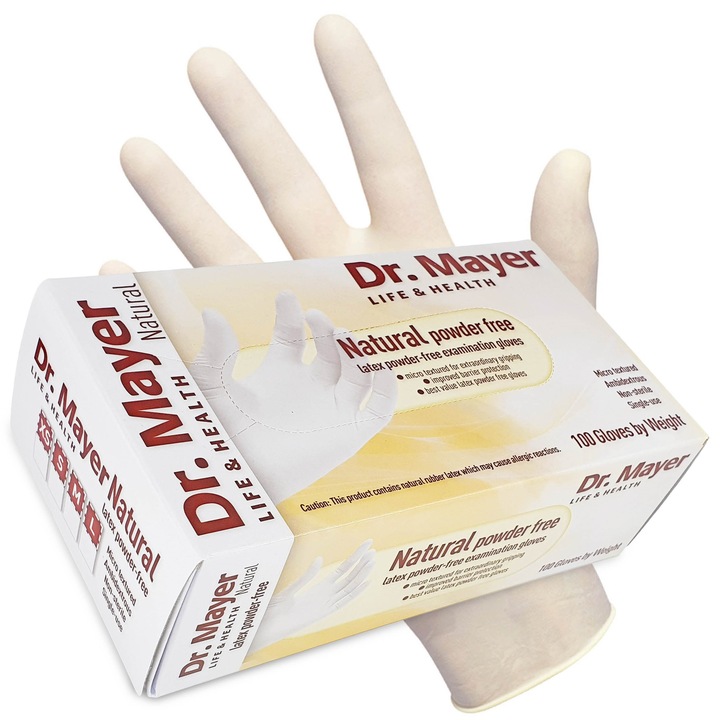 Set 1000 bucati manusi latex microtexturate, Dr. Mayer Natural, nepudrate, alb/crem, marimea S