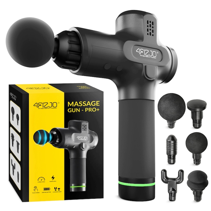 Aparat pentru masaj profesional tip pistol Massage Gun Pro+, 6 viteze, motor silentios fara perii, Puterea motorului 250W, 6 capete, servieta depozitare, 4FIZJO, Negru