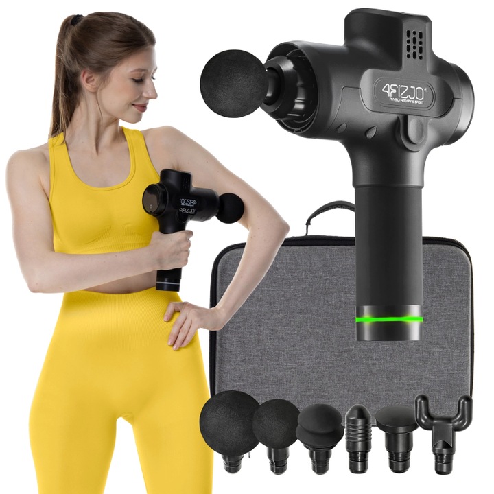 Masszázspisztoly Massage Gun Pro+, 6 sebesség, csendes kefe nélküli motor, 250W motorteljesítmény, 6 fej, tároló tok, Fekete