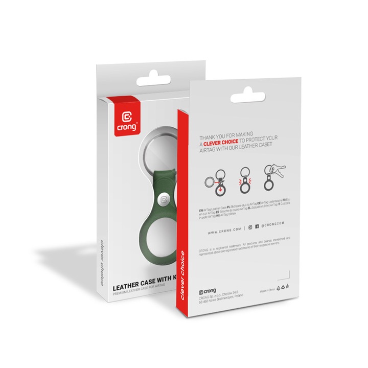 Husa din piele Crong cu breloc, Breloc din piele compatibil cu Apple pentru AirTag (verde)