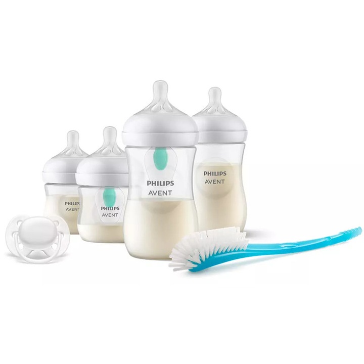Комплект Philips Avent, за новородени, 4 шишета против колики, 1 залъгалка, 1 четка за почистване, 2x 125 ml, 2x 260 ml, Natural Response, 0 месеца+, бял