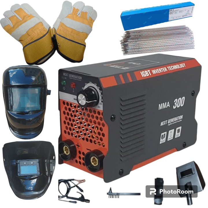 Set Invertor-Aparat de sudura 4 accesorii, tip MMA,300A, tehnologie IGTB, electrod 1,6-5mm, curea de umar, ciocanel cu perie, cabluri sudura incluse eCASIO®