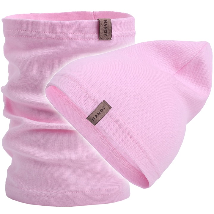 Set Caciula si Fular circular pentru copii, Unisex, Nandy, Roz deschis, 56-60cm