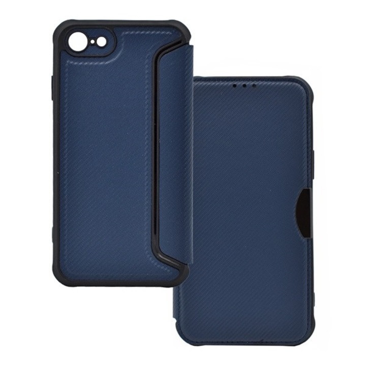 Apple iPhone 7 / 8 / SE (2020) / SE (2022), Oldalra nyíló tok, légpárnás sarok, bőrhatású, karbon minta, Razor Book, kék (RS129197)