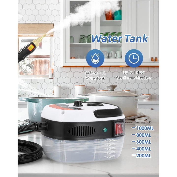 Aparat de curatat cu abur, Folixs®, 2500W, 3Bar, rezervor 1000 ml, incalzire 10S, 6 setari de reglaj al aburului, 4 accesorii incluse, Alb/Negru