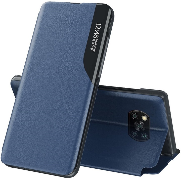 Husa telefon tip carte, Wooze, Piele ecologica, pentru Samsung Galaxy A52 / A52 5G / A52s 5G SM-A525F / A526B / A528B, indicator de apel, Albastru