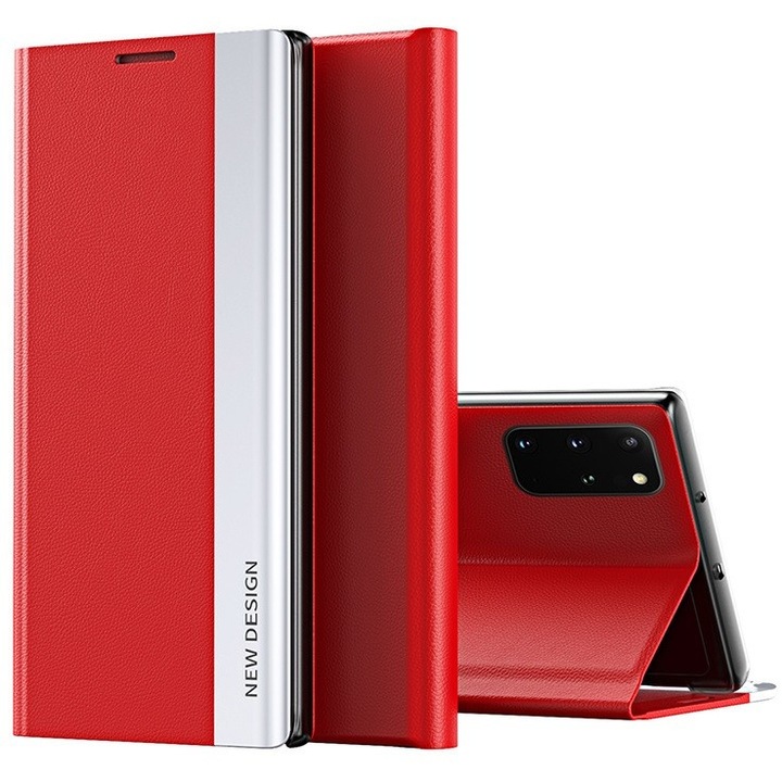 Xiaomi Redmi K40S 5G / Poco F4 5G, Калъф със странично отваряне, стойка, Wooze Silver Line, червен (124007)
