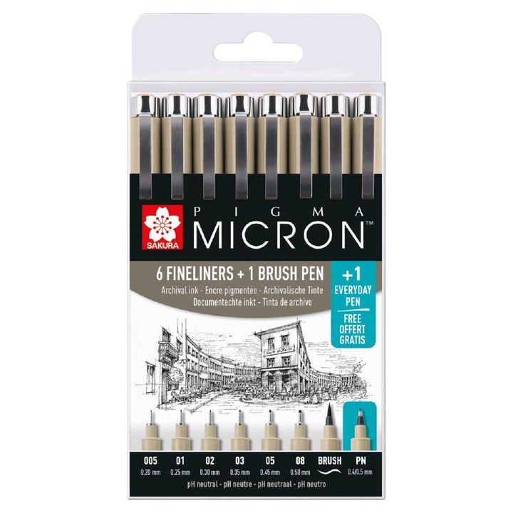 Комплект тънкописци Sakura Pigma Micron, 6 броя, 1 четка писалка, 1 писалка, черен