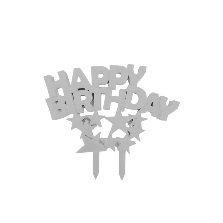 Декорация за торта "HAPPY BIRTHDAY", модел със звезди, сребро 10х11 см