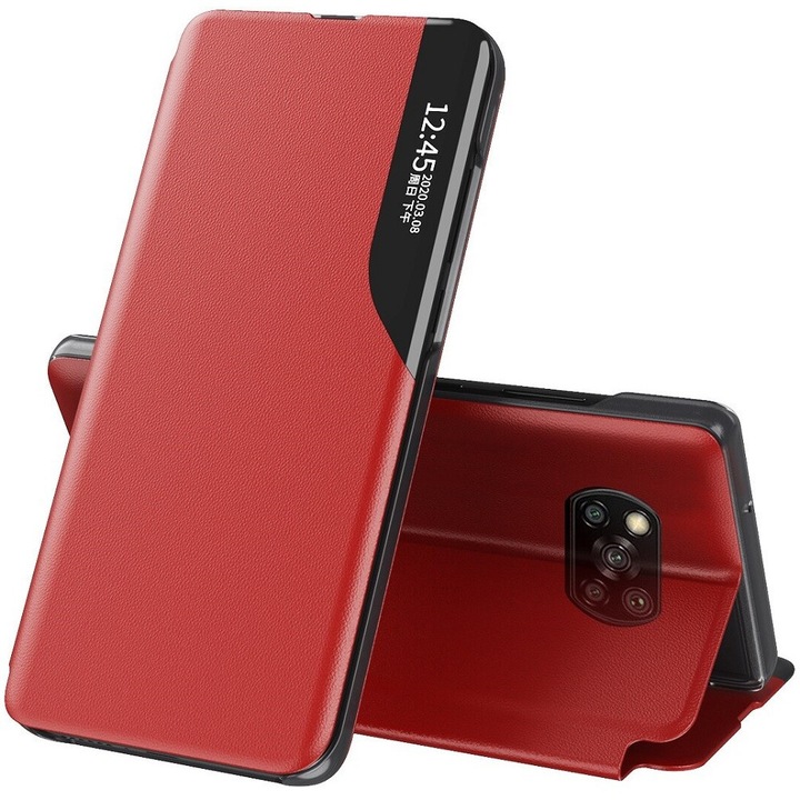 Samsung Galaxy A12 / A12 Nacho / M12 SM-A125F / A127F / M127F, Oldalra nyíló tok, stand, hívás mutatóval, Wooze FashionBook, piros (97172)