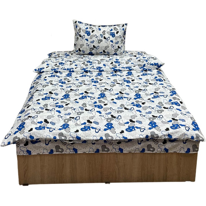 Единично спално бельо, цвят бяло/син, за матрак 90см, колекция "Blue Heart - Liz Line", 100% памук LS216