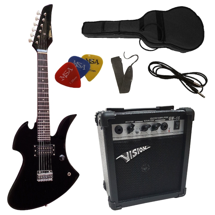 Set chitara electrica rock 1/2 VISION junior cu amplificator 15W, cablu de conexiune, husa, curea si pene