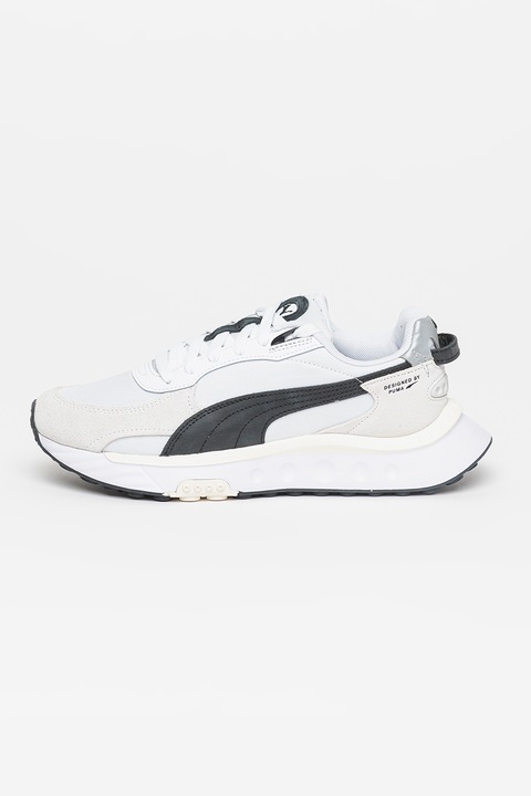 Puma, Pantofi sport unisex reflectorizanti cu garnituri de piele Wild Rider KR, Alb/Negru/Grej, 42