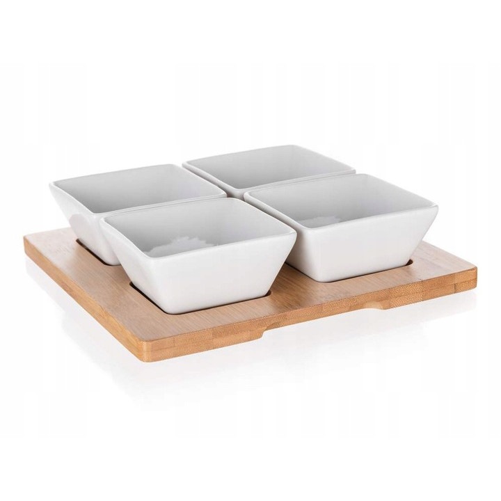 Set 4 boluri servire Banquet, Portelan/Bambus, Alb/Bej