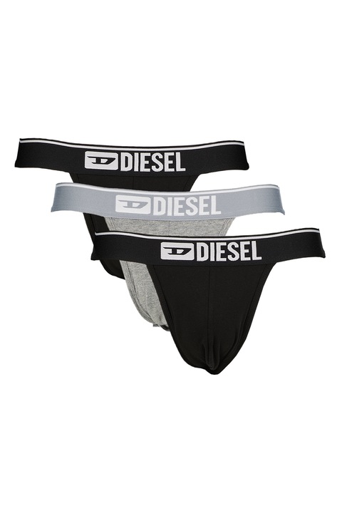 Diesel, Set de chiloti cu cochilie de protectie si talie elastica - 3 perechi, Negru/Gri melange