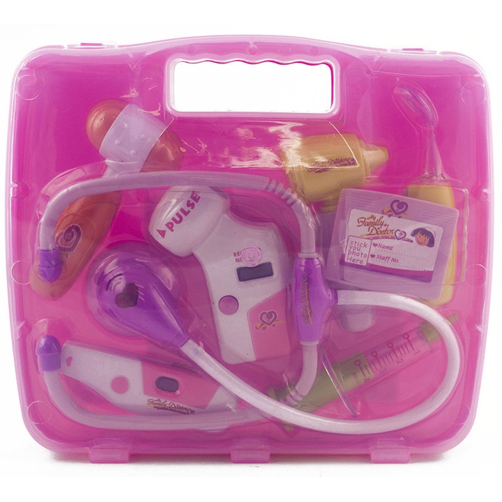 Set doctor de jucarie cu valiza roz iMK®, 8 piese pentru o adevarata doctorita, 27cm x 24cm x 5.5cm
