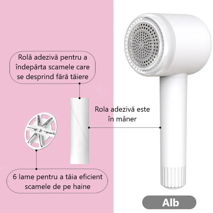 Aparat de curatat scame cu rola adeziva incorporata, portabil si reincarcabil prin USB, ALB, acumulator Li-ion 500 mAh, 6 lame de taiere