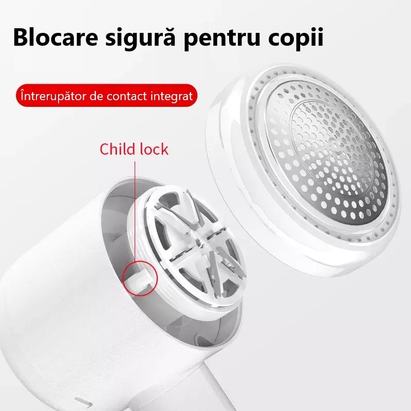 Aparat de curatat scame cu rola adeziva incorporata, portabil si reincarcabil prin USB, ALB, acumulator Li-ion 500 mAh, 6 lame de taiere