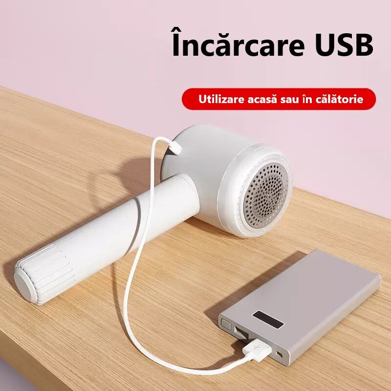Aparat de curatat scame cu rola adeziva incorporata, portabil si reincarcabil prin USB, ALB, acumulator Li-ion 500 mAh, 6 lame de taiere